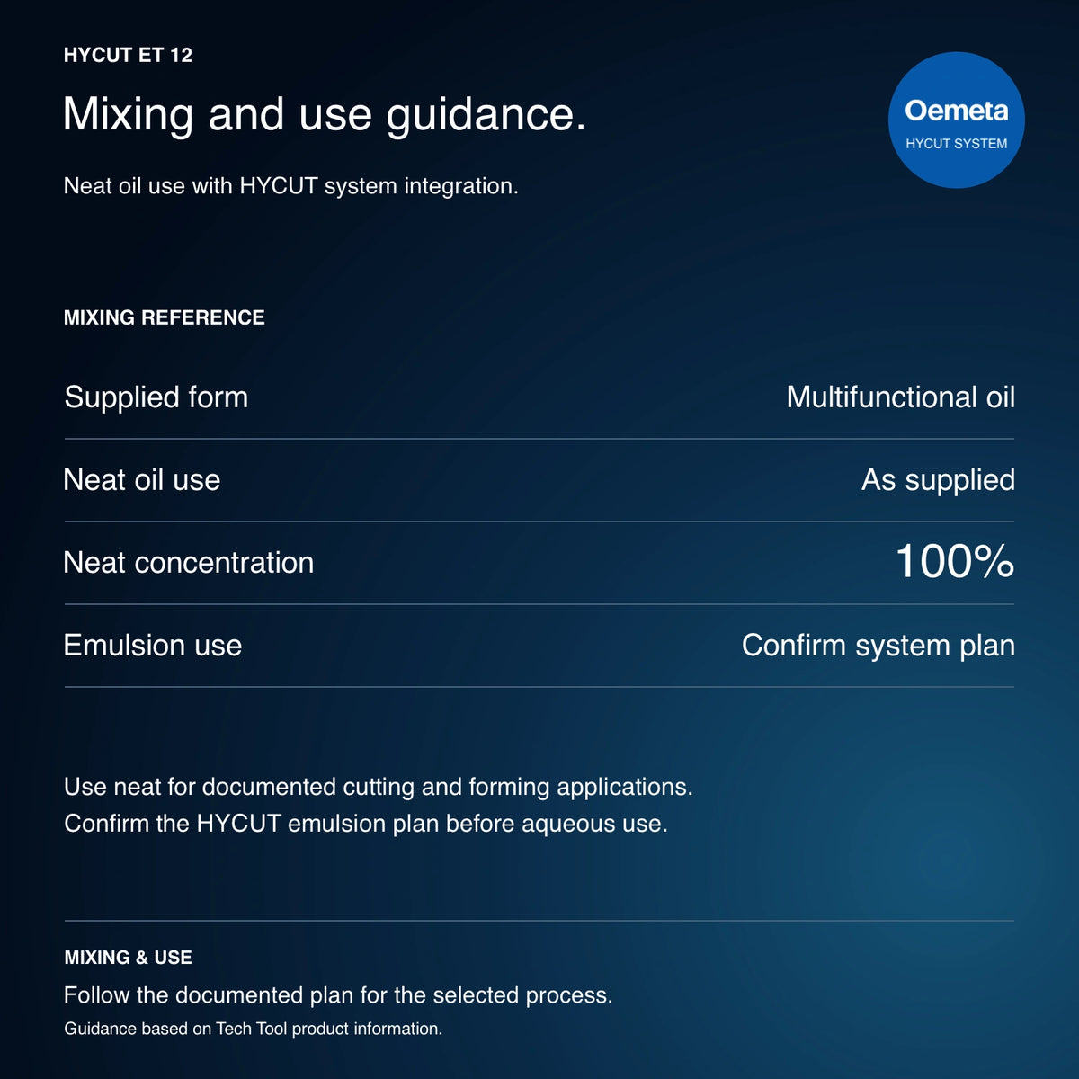 HYCUT ET 12 mixing and use guidance: multifunctional oil used neat as supplied for cutting and forming; confirm the HYCUT system plan for emulsion use.