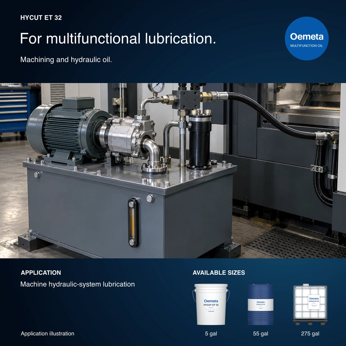 Oemeta HYCUT ET 32 application illustration showing a machine hydraulic power unit with 5-gallon pail, 55-gallon drum and 275-gallon tote packages