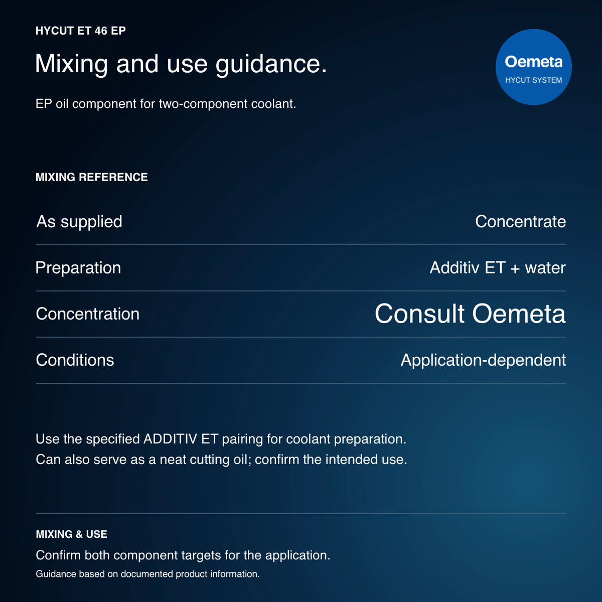 HYCUT ET 46 EP mixing guidance: concentrate, combine with specified ADDITIV ET and water; consult Oemeta for application-dependent concentration; neat cutting-oil use is also available.