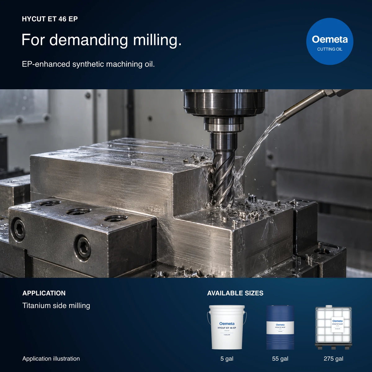 Oemeta HYCUT ET 46 EP application illustration showing titanium side milling with neat machining oil and 5-gallon pail, 55-gallon drum and 275-gallon tote packages