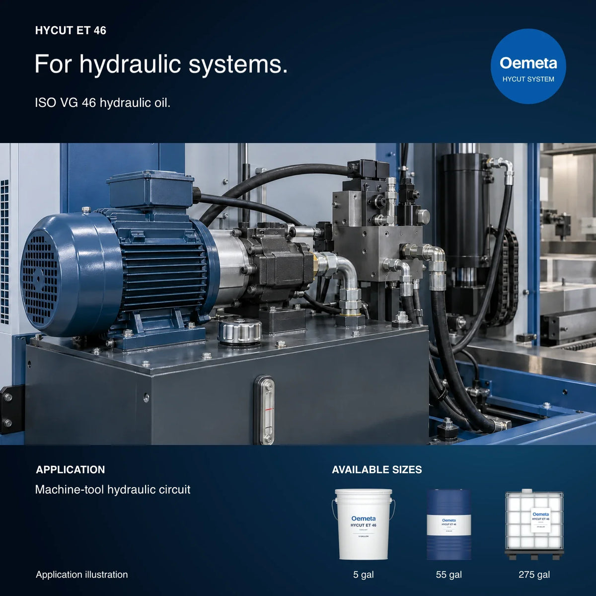 Oemeta HYCUT ET 46 hydraulic application illustration showing a machine-tool power unit with 5-gallon pail, 55-gallon drum and 275-gallon tote packages