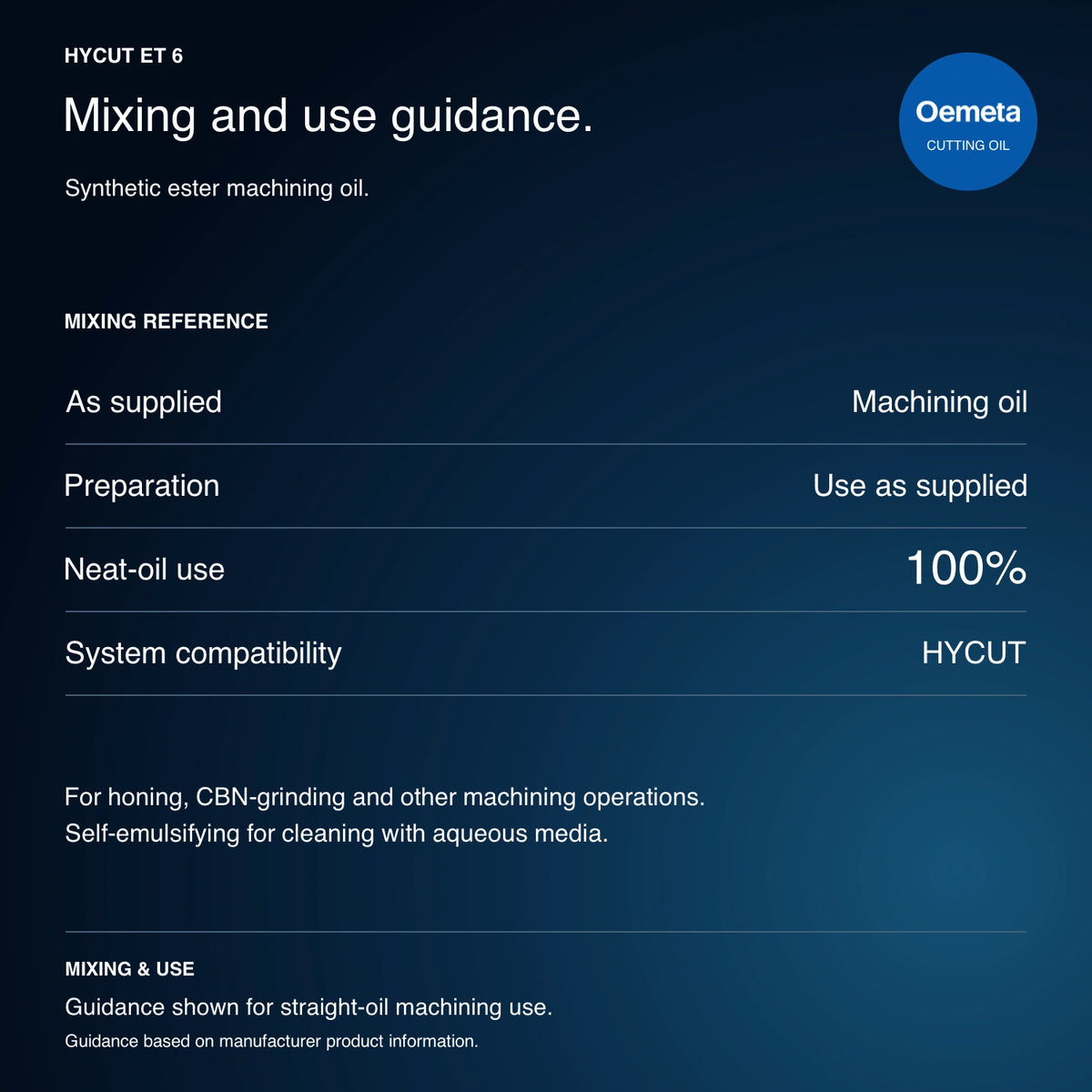 HYCUT ET 6 use guidance: synthetic ester machining oil, use as supplied at 100% for straight-oil machining, compatible with HYCUT; self-emulsifying for aqueous cleaning.