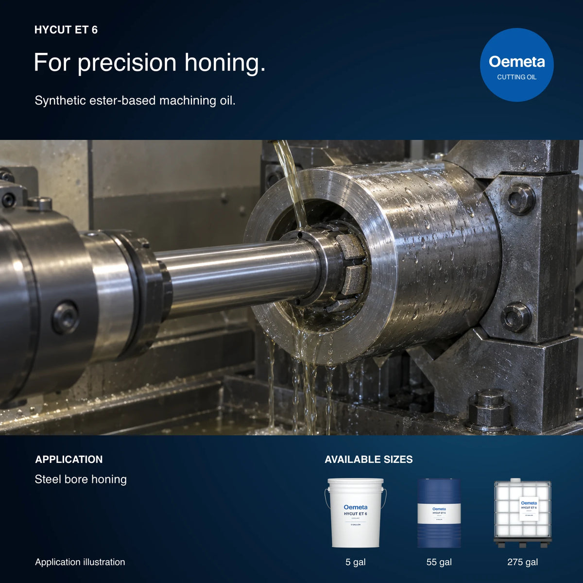 Oemeta HYCUT ET 6 application illustration showing steel bore honing with neat machining oil and 5-gallon pail, 55-gallon drum and 275-gallon tote packages