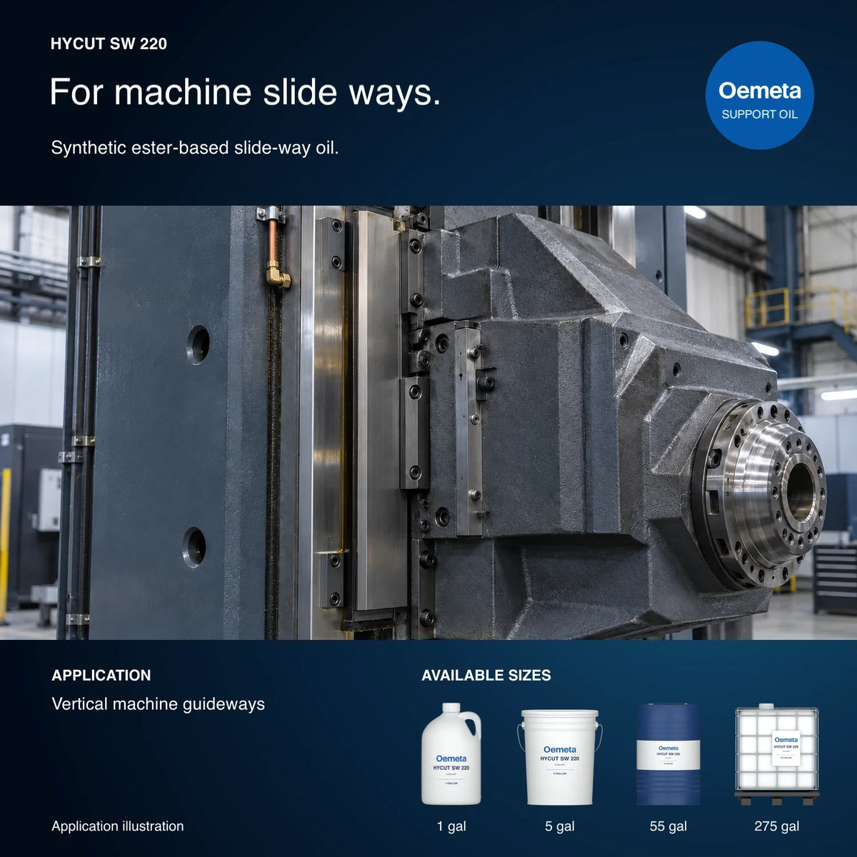 Oemeta HYCUT SW 220 application illustration showing vertical machine guideway lubrication with 1-gallon jug, 5-gallon pail, 55-gallon drum and 275-gallon tote packages