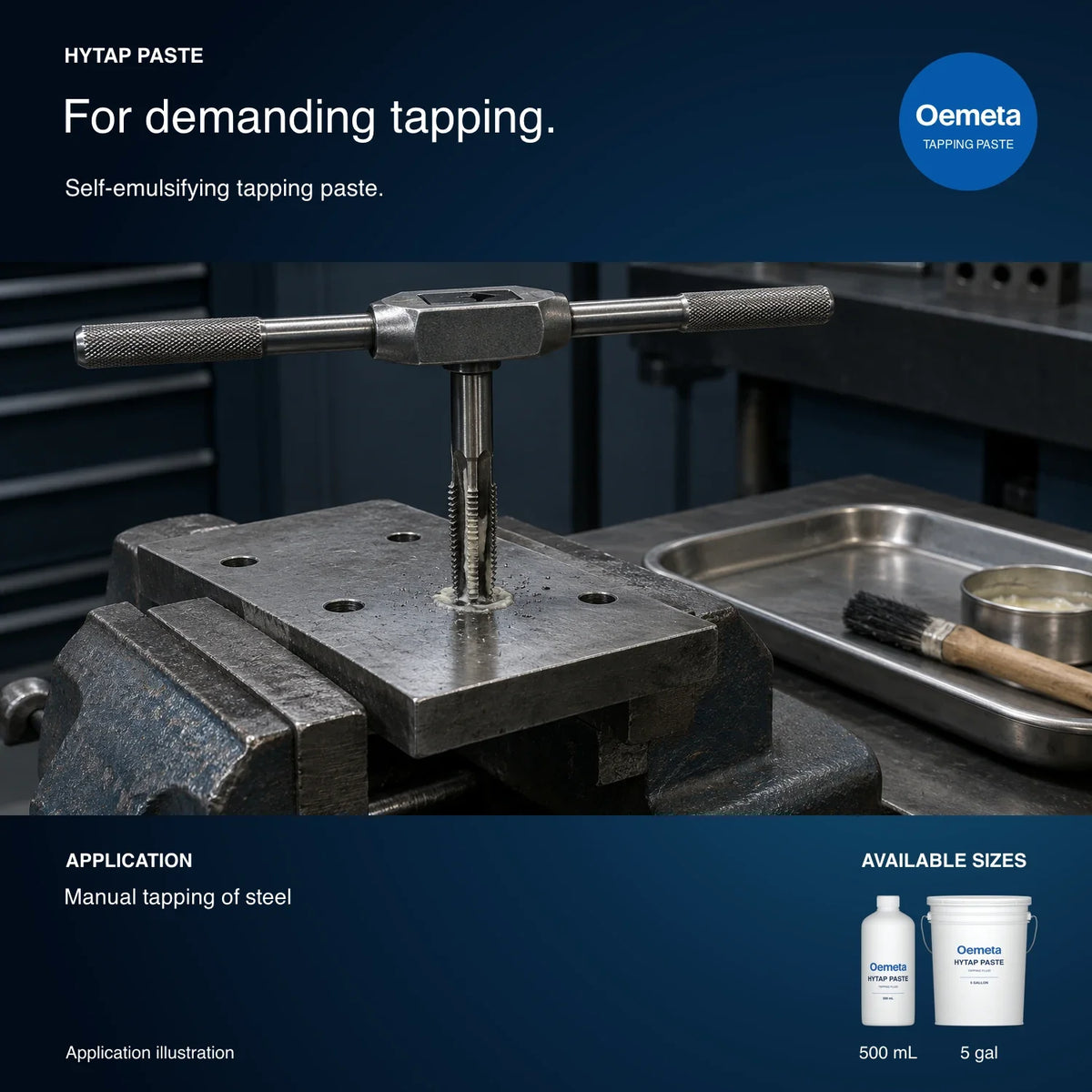 Oemeta HYTAP PASTE application illustration showing manual tapping of steel with 500 mL bottle and 5-gallon pail packages