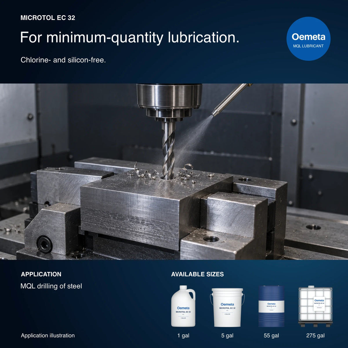 Oemeta MICROTOL EC 32 application illustration showing minimum-quantity lubrication in steel drilling with 1-gallon jug, 5-gallon pail, 55-gallon drum and 275-gallon tote packages
