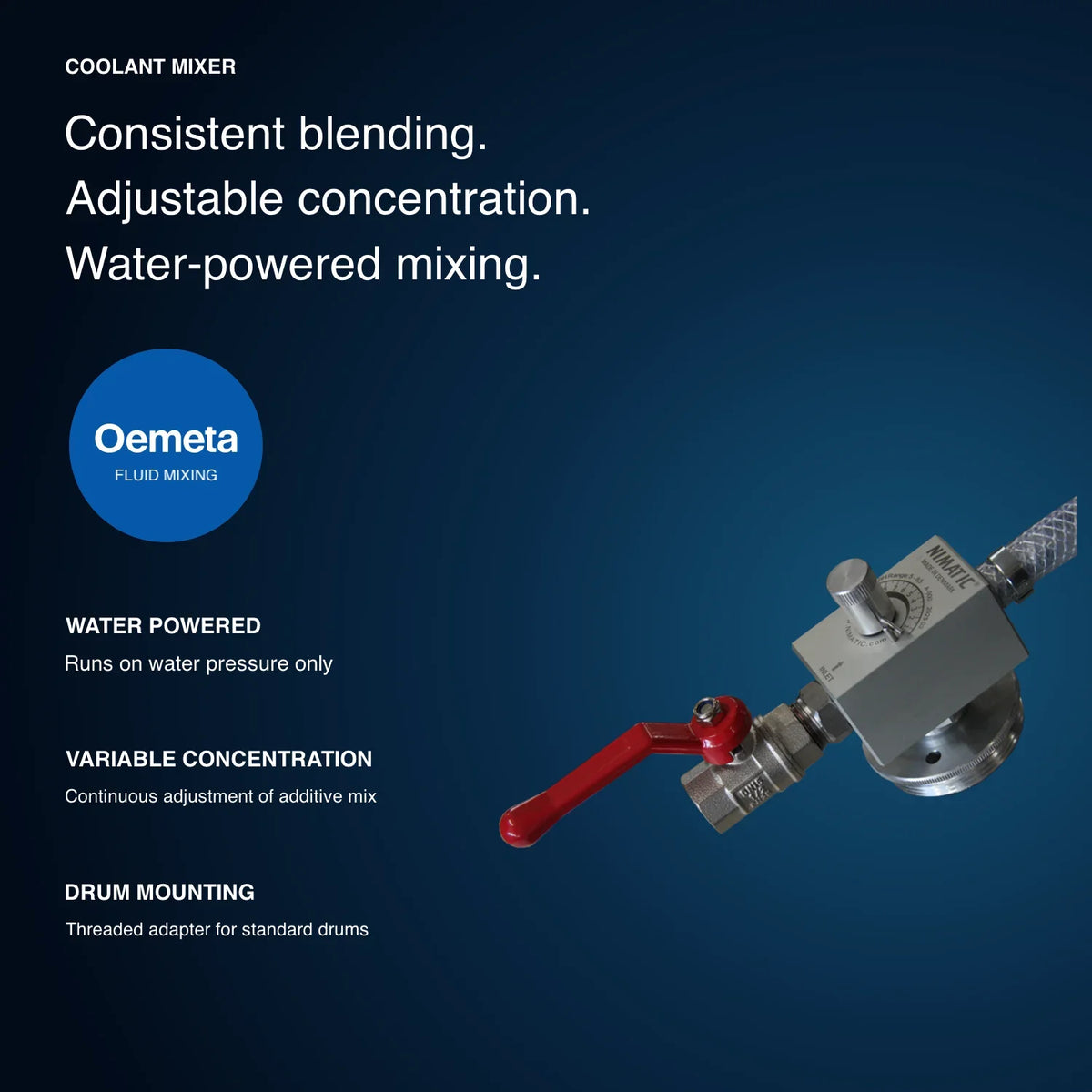 Coolant mixer with adjustable concentration control, water-powered operation and threaded drum mounting