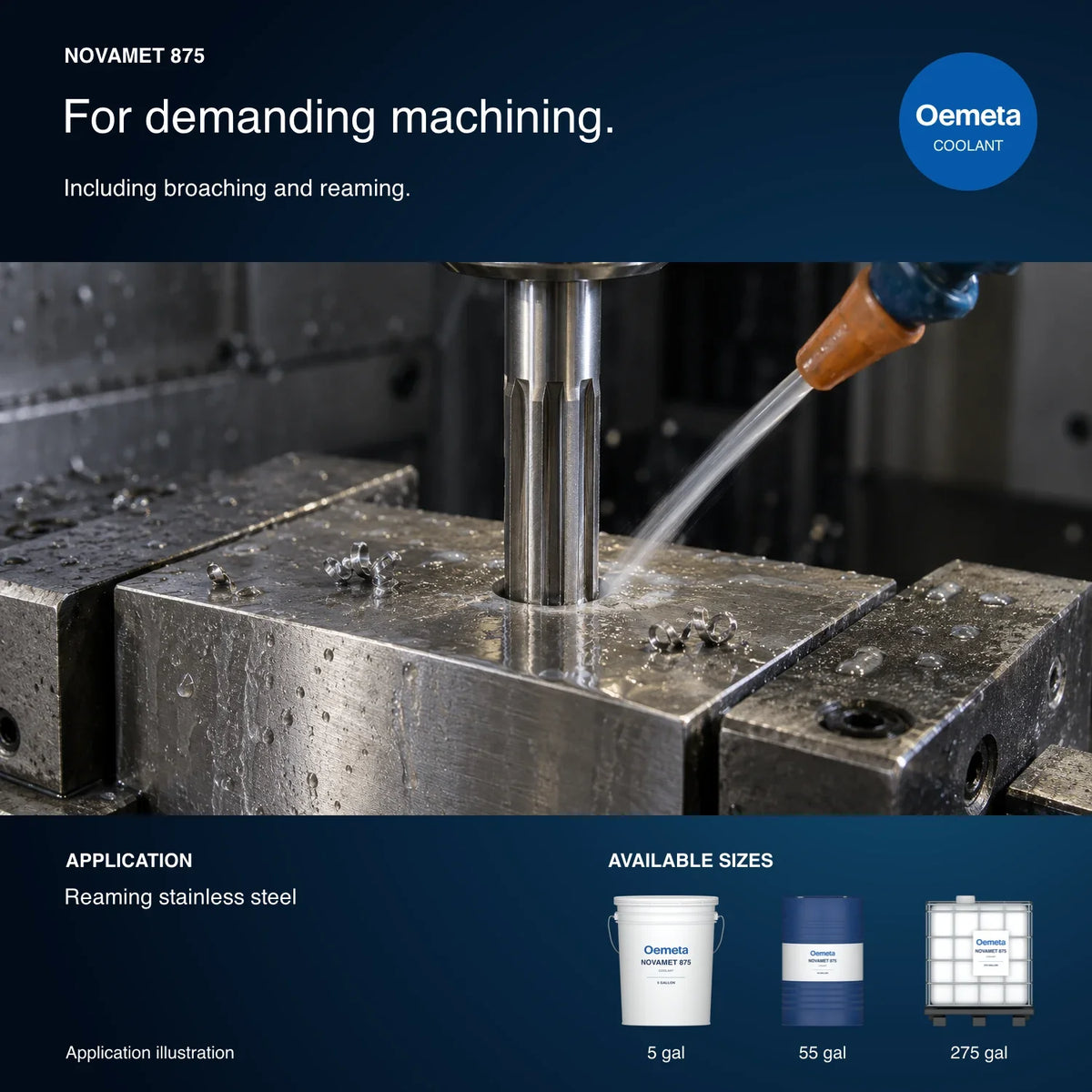 Oemeta NOVAMET 875 application illustration showing stainless steel reaming and 5-gallon pail, 55-gallon drum and 275-gallon tote packages