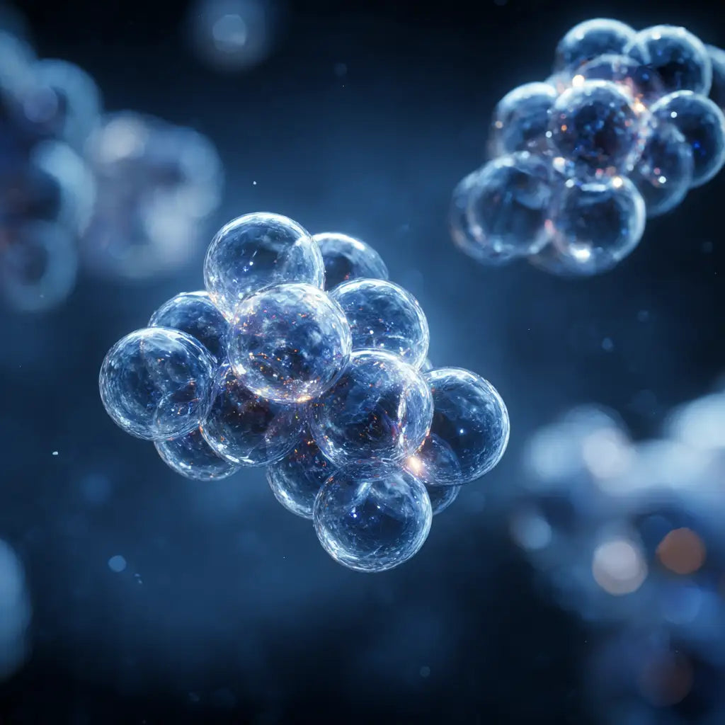 Oemeta Novamet coolant droplets clustered in deep blue fluid