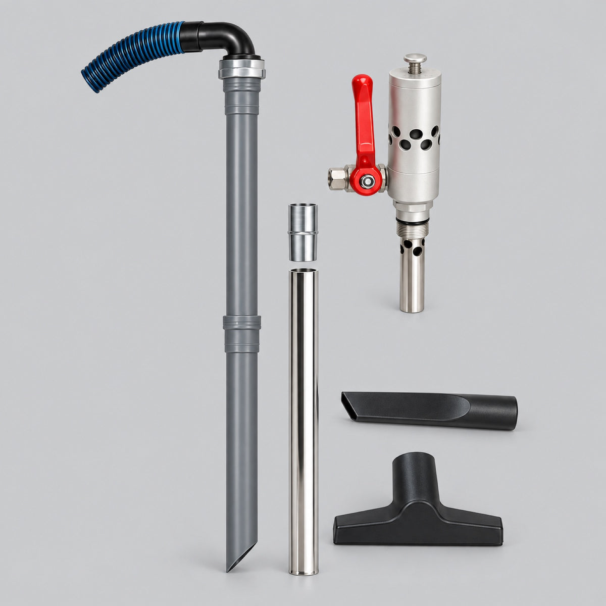 Oemeta NRC-200 reversible coolant vacuum kit and included accessories on gray studio background; illustrative render
