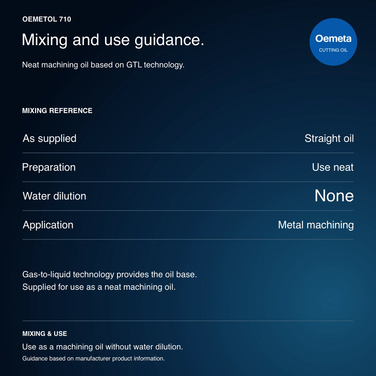 Oemeta OEMETOL 710 mixing and use guidance: straight machining oil based on GTL technology; use neat without water dilution.