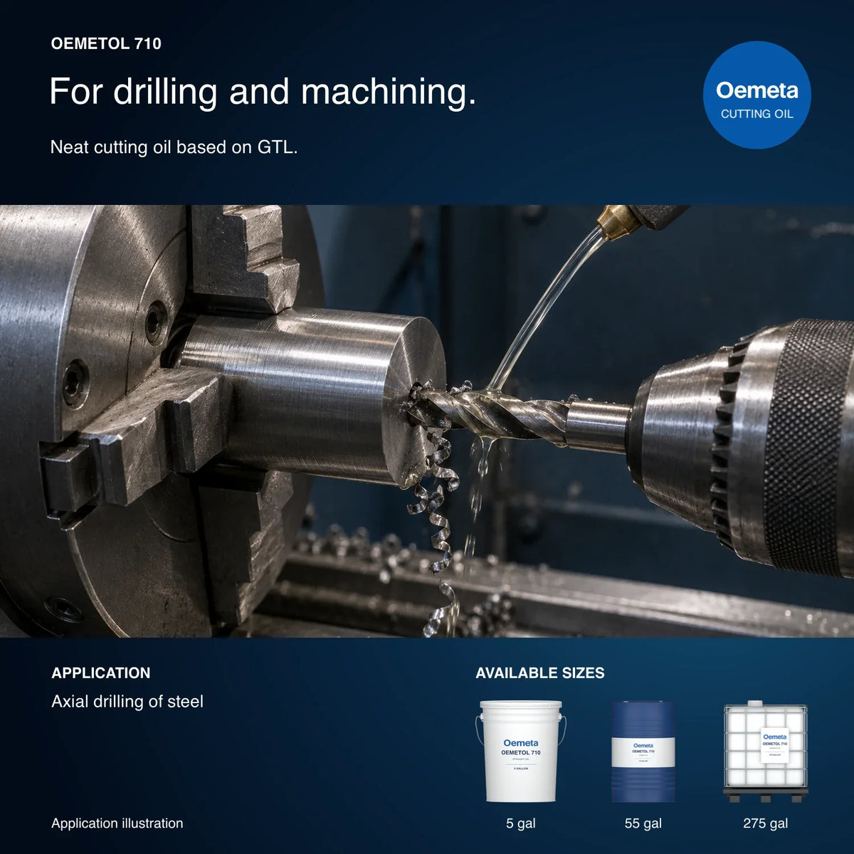 Oemeta OEMETOL 710 application illustration showing axial drilling of steel with 5-gallon pail, 55-gallon drum and 275-gallon tote packages
