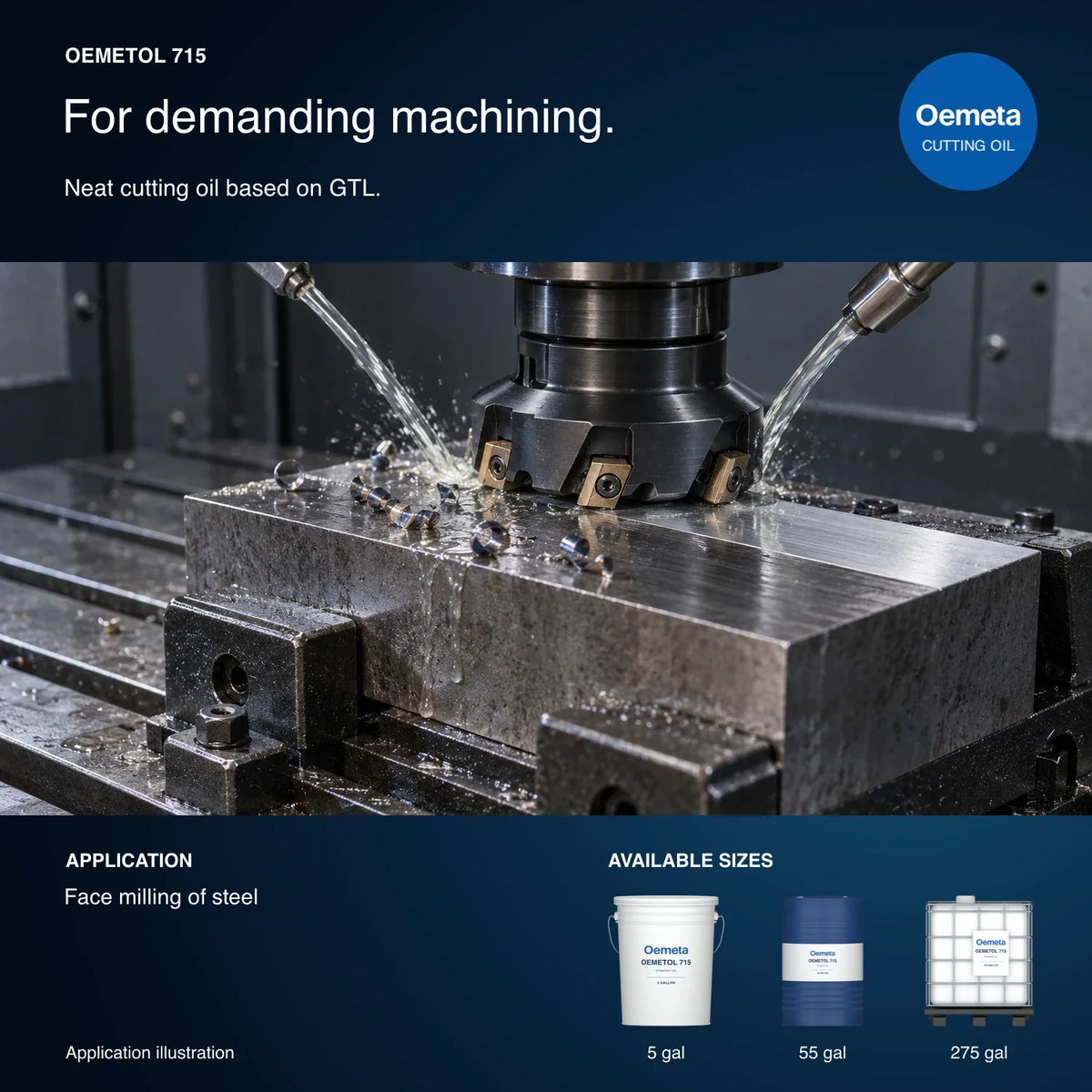 Oemeta OEMETOL 715 application illustration showing face milling of steel with 5-gallon pail, 55-gallon drum and 275-gallon tote packages