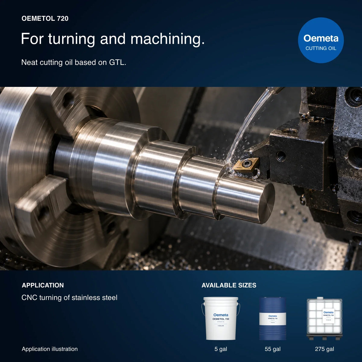Oemeta OEMETOL 720 application illustration showing CNC turning of stainless steel with 5-gallon pail, 55-gallon drum and 275-gallon tote packages