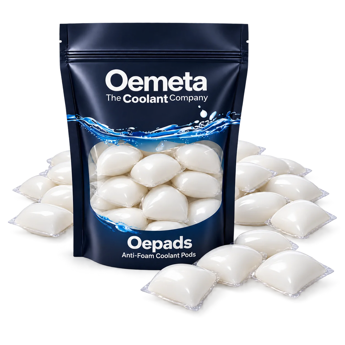 Oemeta OePads anti-foam coolant pods in a navy resealable pouch with loose white pods