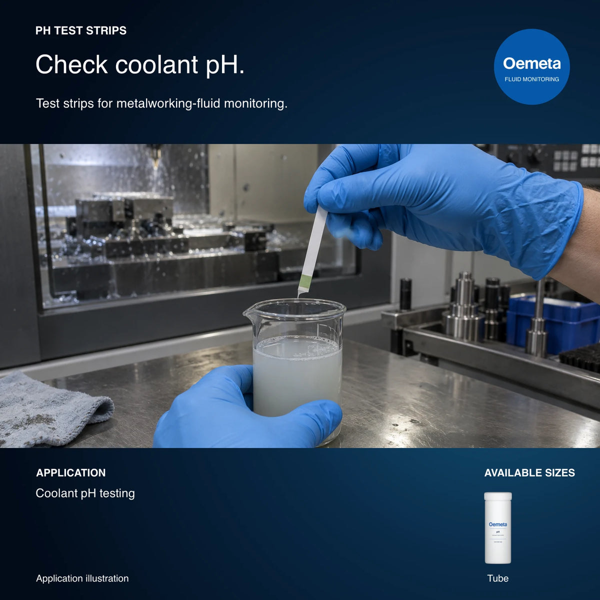 Oemeta pH test strips application illustration showing a gloved technician checking a coolant sample with a test strip, alongside the updated test-strip tube