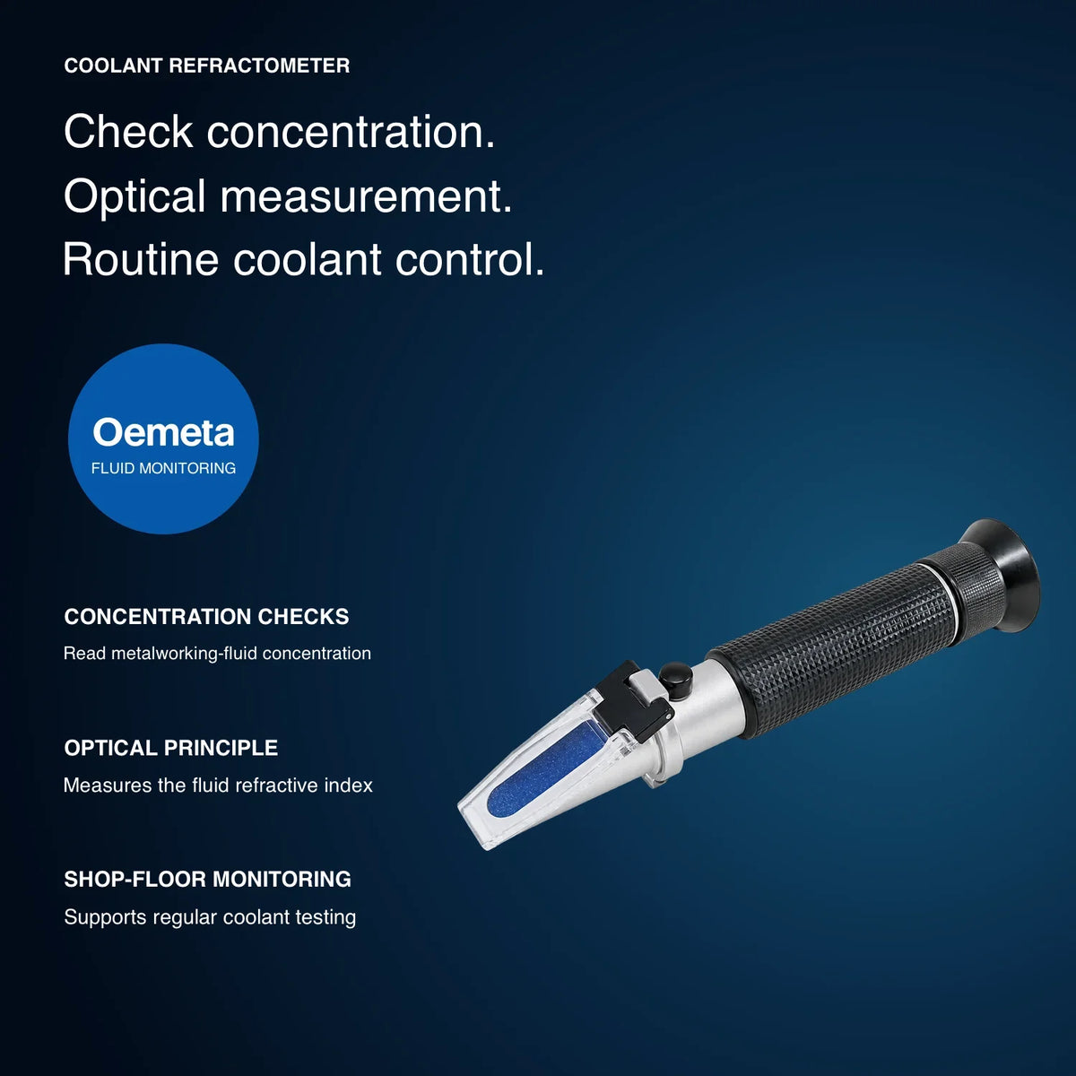 Oemeta handheld coolant refractometer with optical concentration measurement and routine metalworking-fluid monitoring features