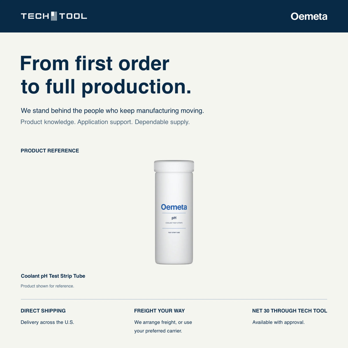 Oemeta Coolant pH Test Strip Tube shown on a Tech Tool service card: U.S. delivery, freight arranged by Tech Tool or your preferred carrier, and Net 30 terms with approval.