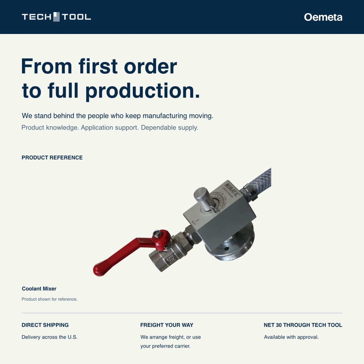 Coolant Mixer shown on a Tech Tool service card: U.S. delivery, freight arranged by Tech Tool or your preferred carrier, and Net 30 terms with approval.