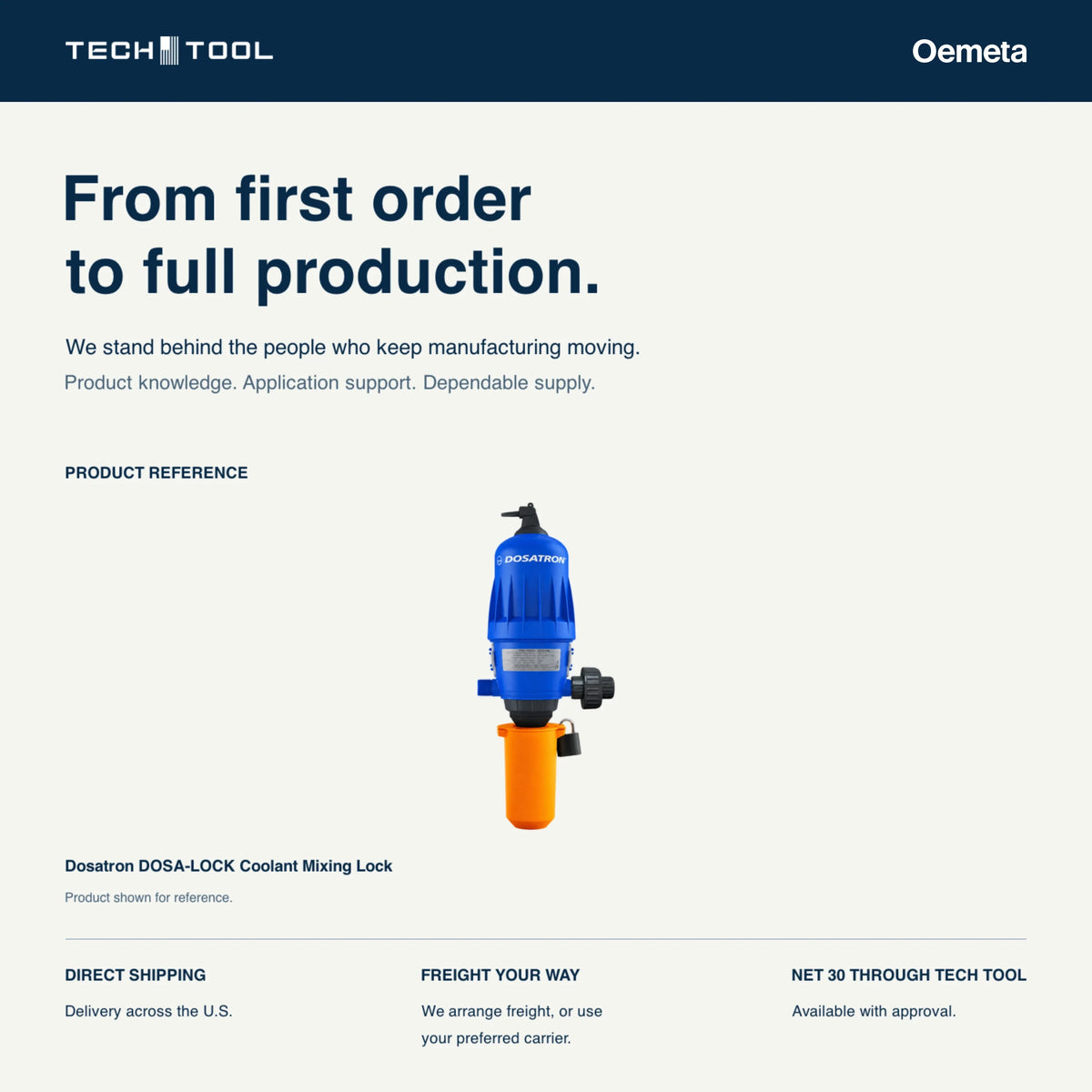 Dosatron DOSA-LOCK Coolant Mixing Lock shown on a Tech Tool service card: U.S. delivery, freight arranged by Tech Tool or your preferred carrier, and Net 30 terms with approval.
