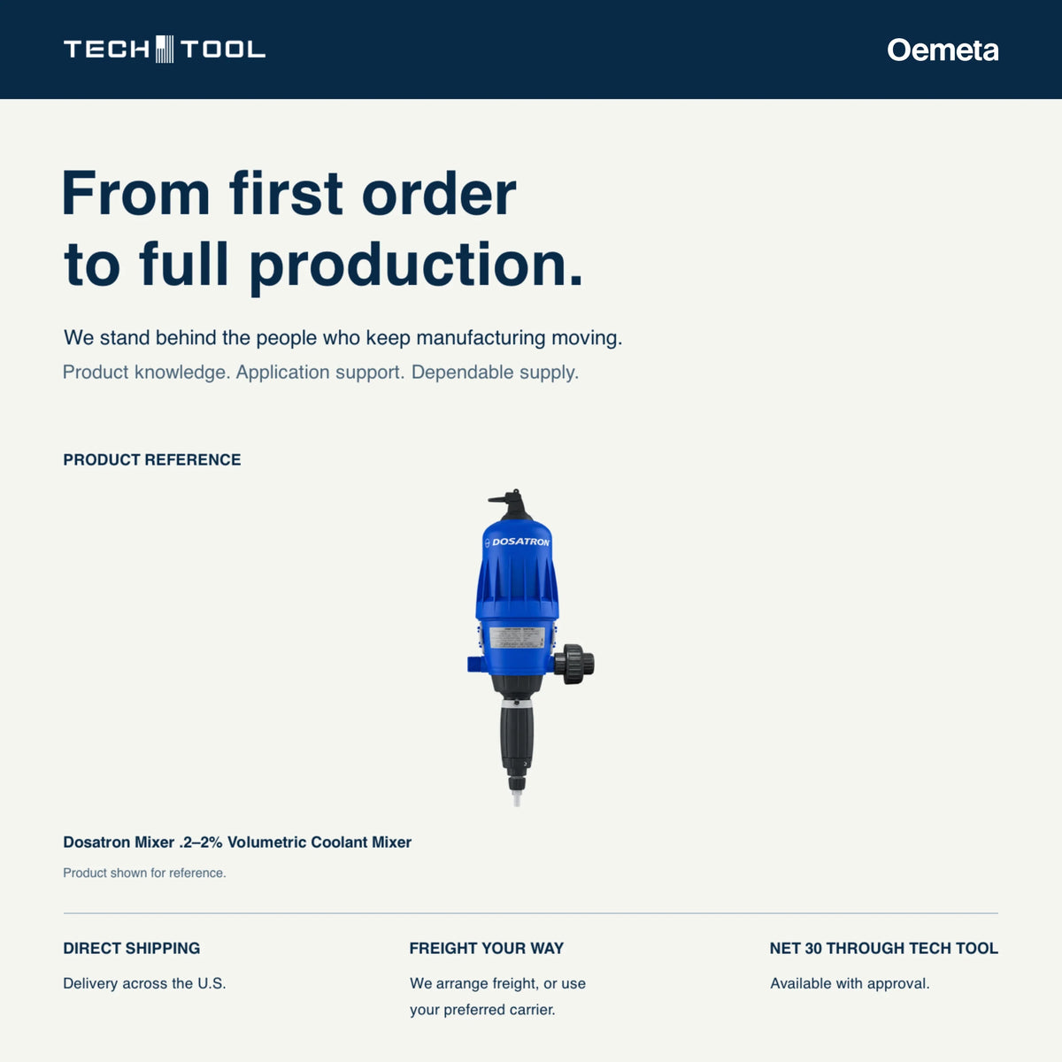 Dosatron Mixer .2–2% Volumetric Coolant Mixer shown on a Tech Tool service card: U.S. delivery, freight arranged by Tech Tool or your preferred carrier, and Net 30 terms with approval.