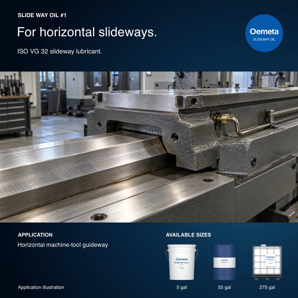 Oemeta Slide Way Oil #1 application illustration showing lubrication of a horizontal machine-tool guideway, with 5-gallon pail, 55-gallon drum and 275-gallon tote packages