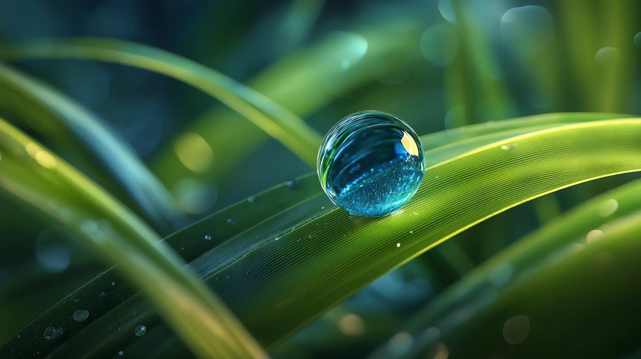 Water droplet resting on a blade of green grass