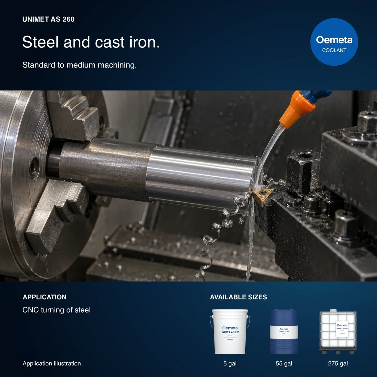 Oemeta UNIMET AS 260 application illustration showing CNC turning of steel and 5-gallon pail, 55-gallon drum and 275-gallon tote packages