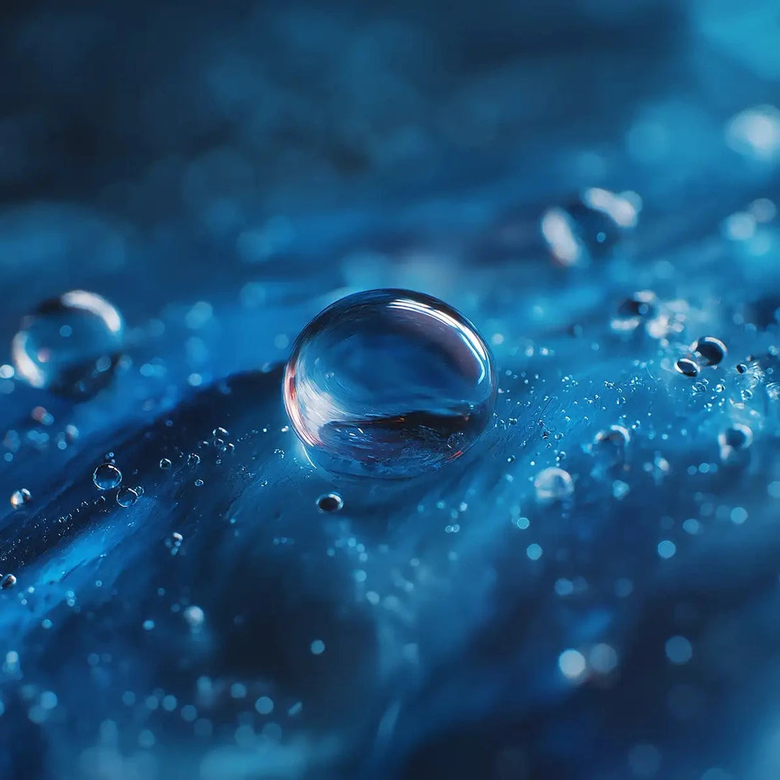 Clean bright coolant droplets in a blue high pressure environment showing Oemeta low foam stability for Swiss machines and through tool delivery