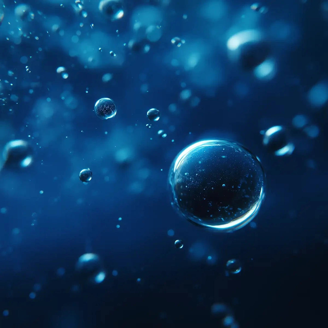 Clean bright coolant droplets suspended in deep blue fluid showing Oemeta biostable long sump life performance used by Tech Tool