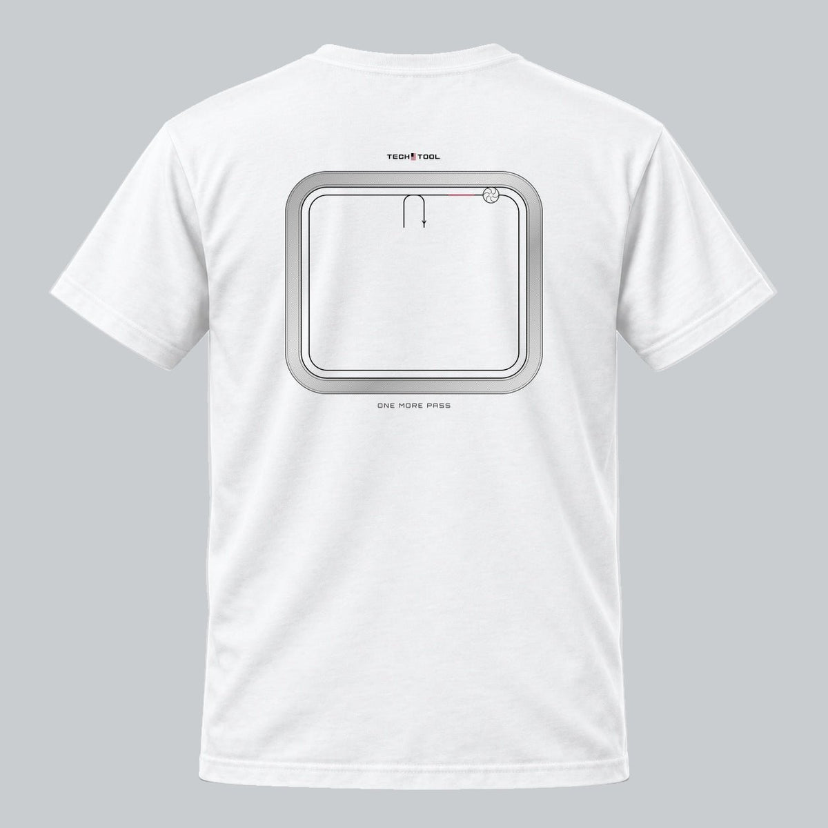 One More Pass T-Shirt, back view showing rounded rectangular toolpath graphic | Color: White