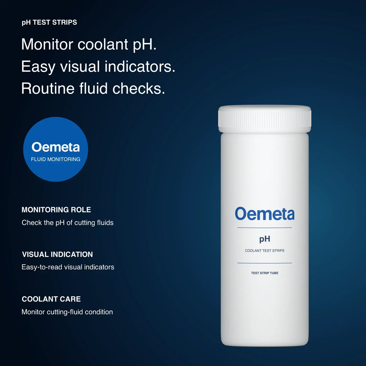 Oemeta pH test strip tube with coolant pH monitoring and visual indication features