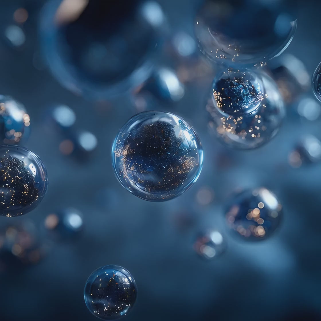 Load video: Metallic lubricant micro spheres drifting in clean blue fluid illustrating the smooth low friction film and high stability performance of Oemeta GLEITMITTEL WL 1 for precision parts assembly