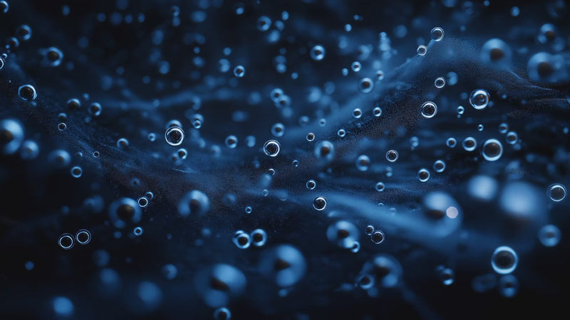 Close-up of Oemeta Unimet coolant fluid in motion, deep blue liquid with suspended air bubbles showing stability and flow with Tech Tool.