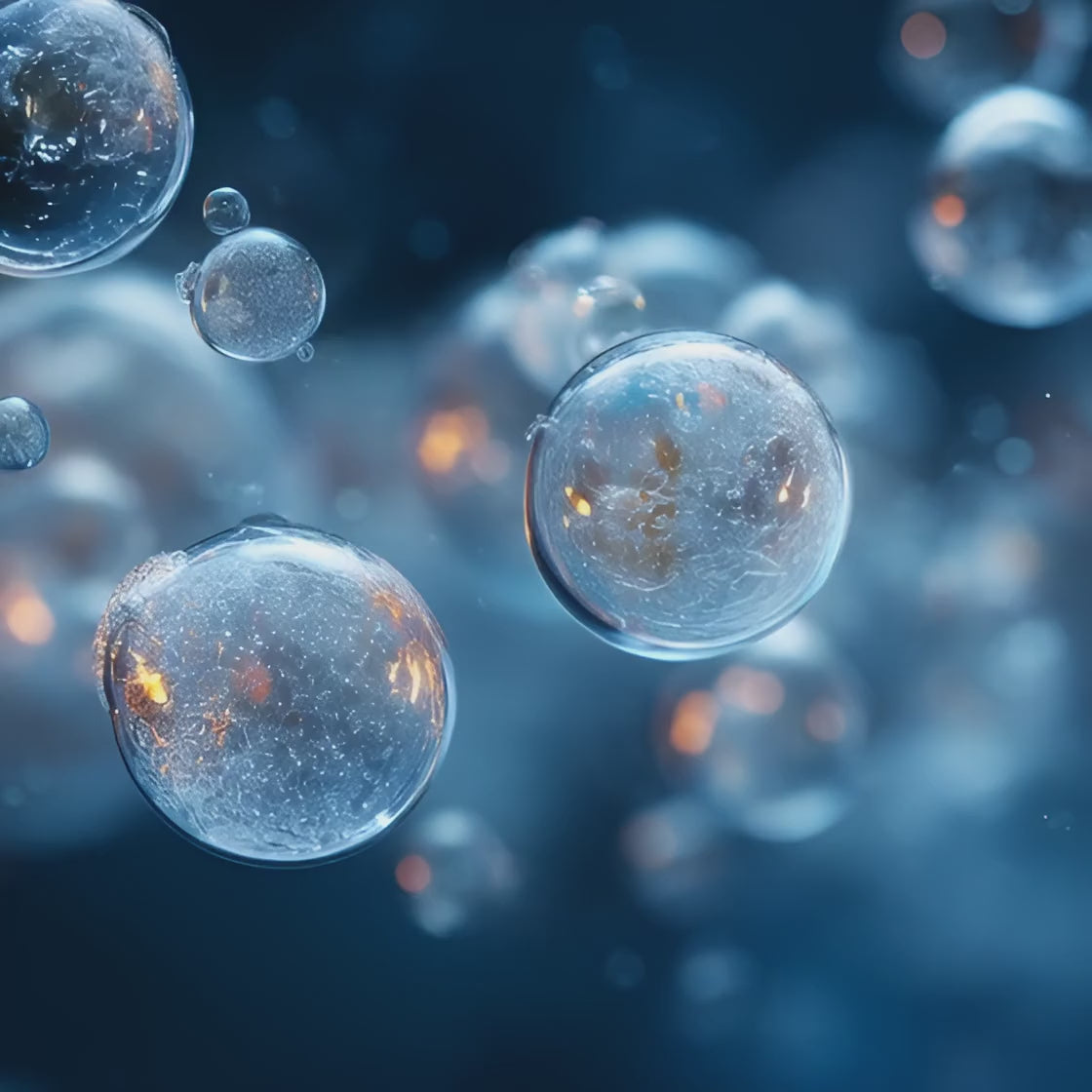 Load video: Oemeta ADDI PROX G anti foam additive shown as smooth suspended micro bubble clusters moving gently through deep blue coolant with clean fluid motion used by Tech Tool to demonstrate fast foam control and ultra clear coolant performance