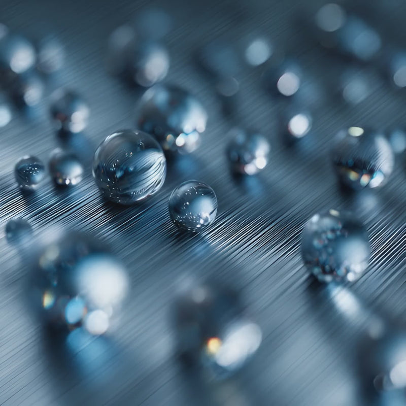 Micro lubricant Oemeta droplets gliding along brushed metal each droplet shimmering with soft highlights smooth directional motion clean MQL film flowing lightly across the surface elegant precise