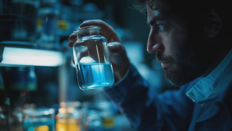 Engineer analyzing Oemeta Hycut coolant sample under bright lab lighting in a modern industrial lab with Tech Tool.