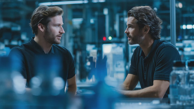 Two engineers discussing machining process improvements in a modern factory, professional industrial setting with Tech Tool.