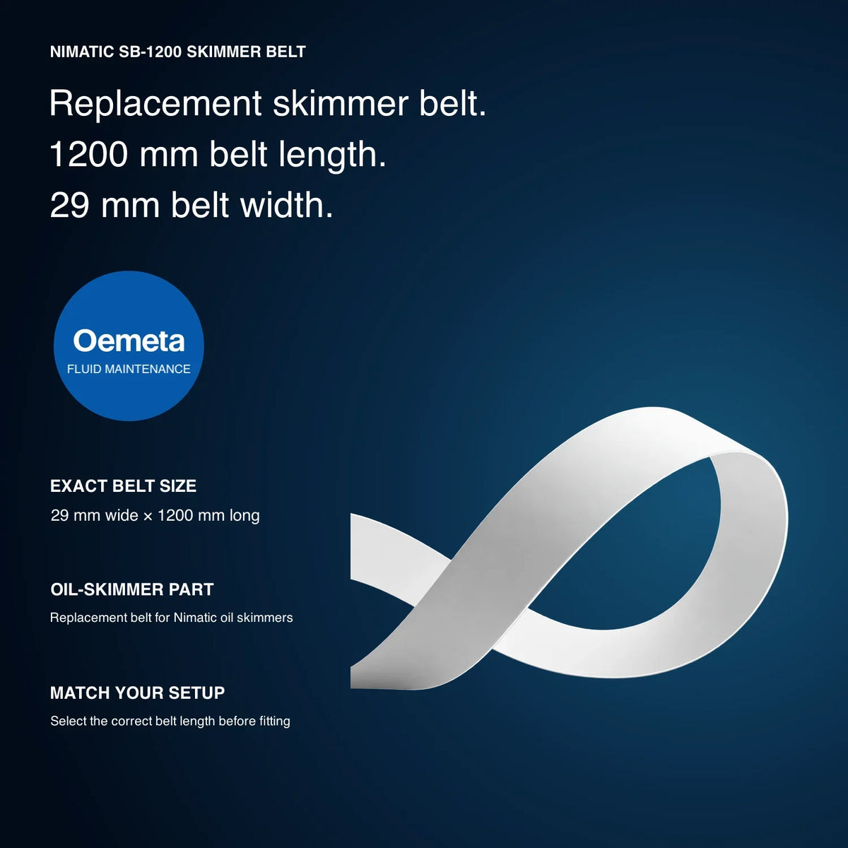 Nimatic SB-1200 white replacement oil-skimmer belt with 29 mm width and 1200 mm length specifications