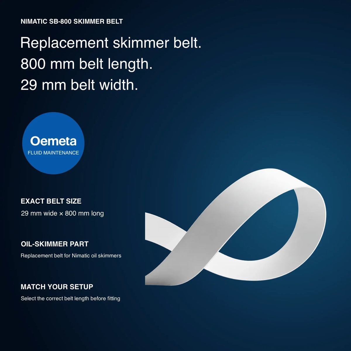 Nimatic SB-800 white replacement oil-skimmer belt with 29 mm width and 800 mm length specifications