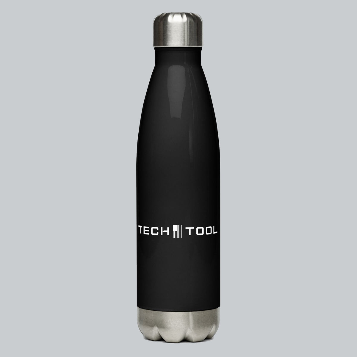 Stainless Steel Water Bottle, front view showing Tech Tool logo | Color: Black