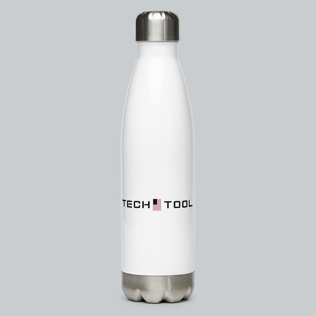 Stainless Steel Water Bottle, front view showing Tech Tool logo | Color: White