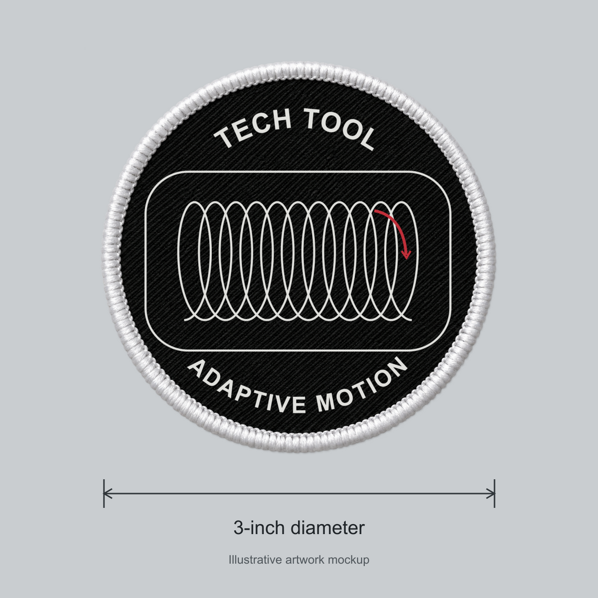 Tech Tool Adaptive Motion 3-inch circular embroidered patch, size guide showing 3-inch diameter | Design: Adaptive Motion