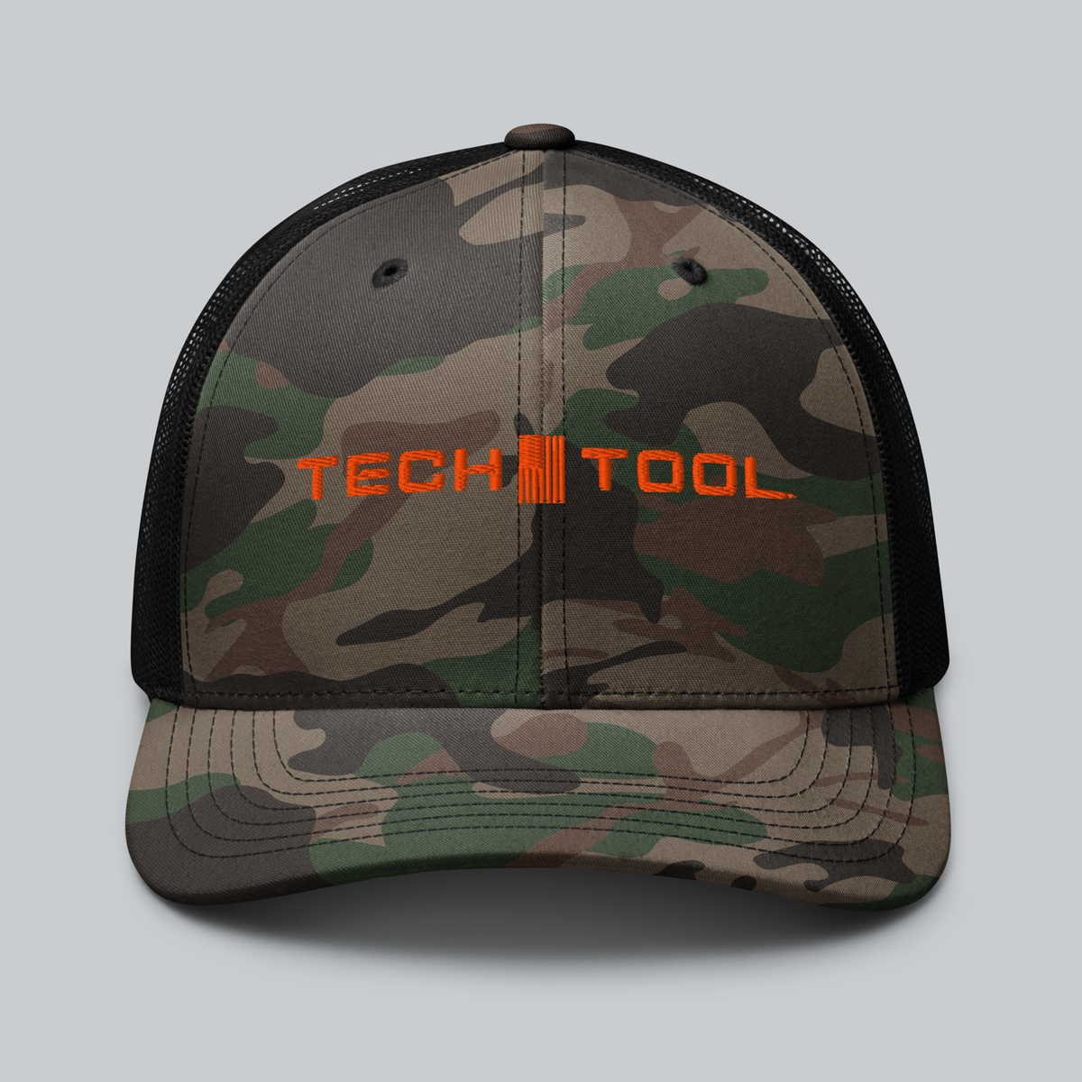 Tech Tool Unisex Camo Frame Cap, front view showing orange Tech Tool embroidery and camouflage crown | Color: Camo/Black