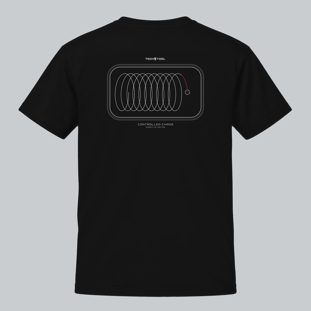 Controlled Chaos — Adaptive Motion T-Shirt, back view showing looping CNC toolpath illustration