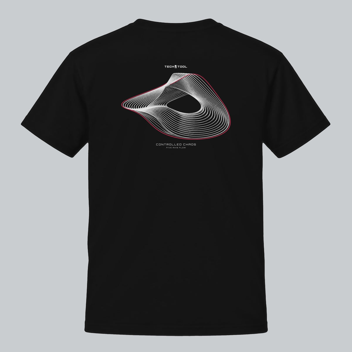 Controlled Chaos — Five-Axis Flow T-Shirt, back view showing five-axis contour toolpath illustration