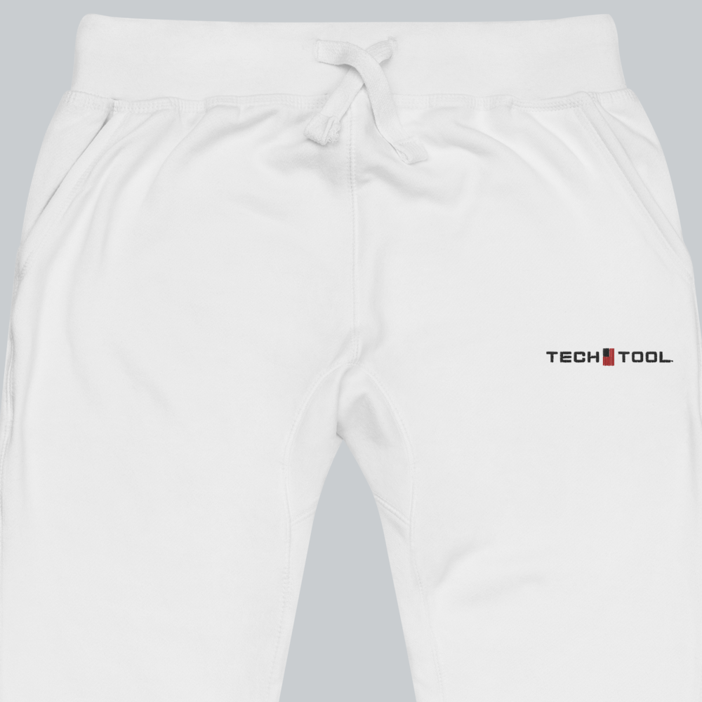 Tech Tool Unisex Core Fleece Joggers, waist and upper-thigh detail showing drawcord, pocket openings and full Tech Tool embroidery | Color: White