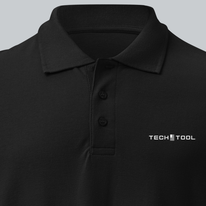Tech Tool Unisex Core Piqué Polo, close-up showing ribbed collar, matching buttons and cotton piqué | Color: Black
