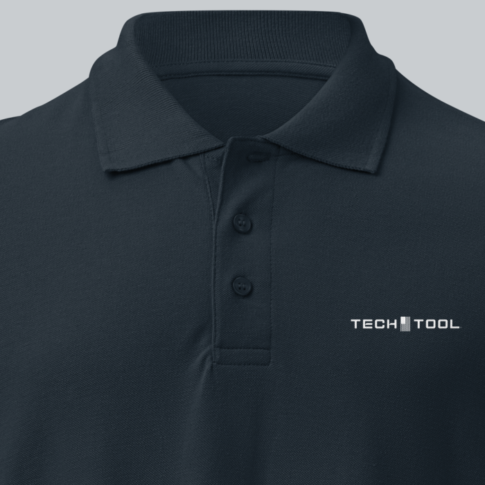 Tech Tool Unisex Core Piqué Polo, close-up showing ribbed collar, matching buttons and cotton piqué | Color: Navy