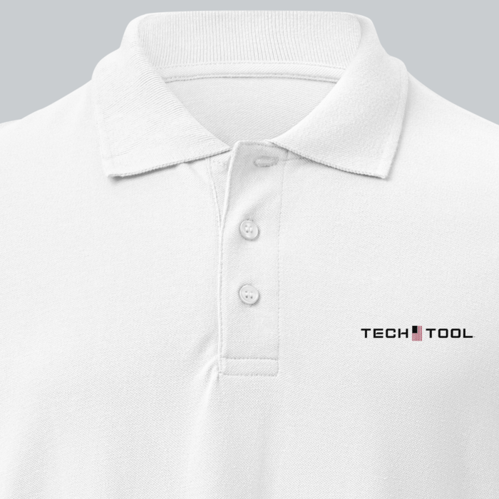 Tech Tool Unisex Core Piqué Polo, close-up showing ribbed collar, matching buttons and cotton piqué | Color: White